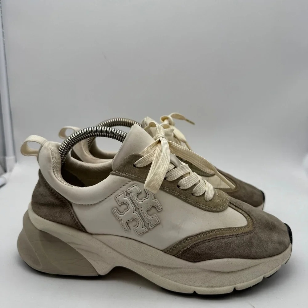 Tory Burch Good Luck Trainer Women's 6.5 M Beige‎ Suede Leather Chunky Sole
